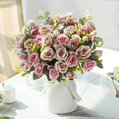 Afbeelding van LESING Kunstmatige zijden roos met vaas nepbloemen bruiloft bloemen boeketten arrangement thuiskantoor feest middelpunt tafeldecoratie (paars)