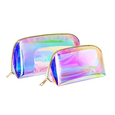 Afbeelding van make uptas, draagbaar, transparant, holografische tas, voor dames, munten, cosmeticatas, reistas, 2 gekleurde uptassen