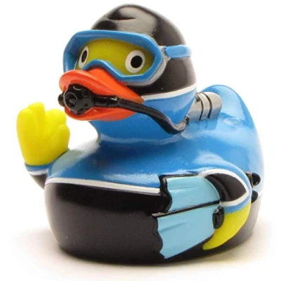 Afbeelding van Badeend Duiker I Quietscheeendje duiksport L: 8 cm incl. rubberen eendensleutelhanger in set speelgoed voor baby&#039;s en kinderen badspeelgoed de badkuip cadeau duikers