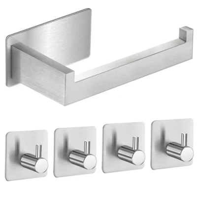 Afbeelding van Toiletpapierhouder zonder boren, zelfklevende wc papierhouder, roestvrij staal, toiletrolhouder met 4 stuks handdoekhaken voor keuken en badkamer, zilver