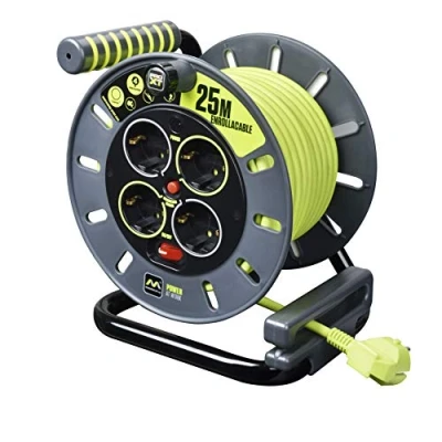 Afbeelding van Masterplug Pro XT 4 voudig open kabelhaspel met wikkelgreep, thermoschakelaar en aan/uit schakelaar, 25 m lange kabel hoge zichtbaarheid