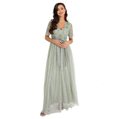 Afbeelding van Maya Deluxe Maxi jurk voor dames, baljurk bruiloft, gast, versierd met strikband, V hals, bruidsmeisje, gala, avondgelegenheid, Groene Lelie, 54