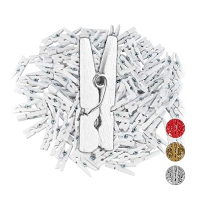 Afbeelding van Relaxdays mini knijpers set van 144 stuks houten knijpertjes wasknijpers wit