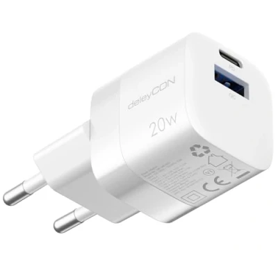 Afbeelding van deleyCON oplader USB A en C (2 poorten compacte 20W snellader) voeding voor iPhone 15/14/13/12/11 iPad Galaxy S24/S23 Pixel mobiele telefoon PD 3.0 wit
