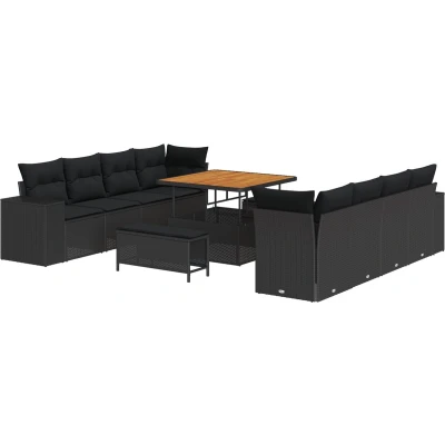 Afbeelding van vidaXL 11 Delige Tuin Sofa Set met Kussens Zwart Poly Rattan Acacia, 3 Eettafel Acacia