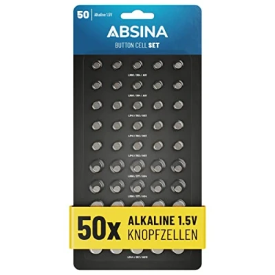Afbeelding van ABSINA set van 50 alkaline knoopcellen 10 x AG1 / 15 AG3 AG4 AG10 5 AG13 1,5 V batterij assortiment lekvrij knoopcelset gemengd, batterijen gemengd