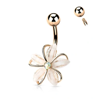 Afbeelding van Navelpiercing CZ steen wire witte bloem rose goud kleur