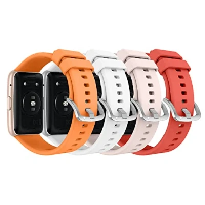 Afbeelding van MoKo 4 PACK Watch Strap Compatible with Huawei Fit Active/Elegant, Soft Silicone Replacement Band Bracelet Wristband Adjustable Clasp, Orange/White/Sakura Pink/Pink
