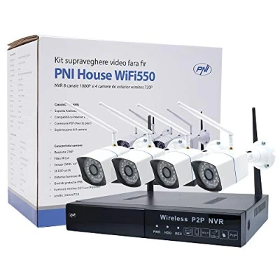 Afbeelding van Videobewakingskit PNI House WiFi550 NVR 8 kanalen 1080P en 4 draadloze buitencamera&#039;s 720P, P2P, IP66