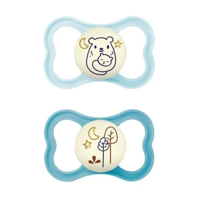 Afbeelding van MAM Fopspeen met extra grote gaten van SkinSoft silicone vanaf 16 maanden blauw automatische steriliseerbox