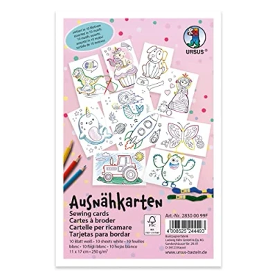 Afbeelding van Ursus 28300099F uitnaaikaarten voor kinderen, 10 witte borduurkaarten met voorgedrukte motieven borduren en inkleuren, ca. 11 x 17 cm groot