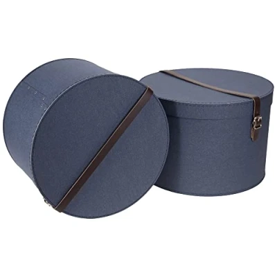 Afbeelding van BIGSO BOX OF SWEDEN RUT Set van 2 opbergdozen met deksel, ronde opbergbox leren riem, grote en kleine hoedendoos vezelplaat papier in linnenlook blauw