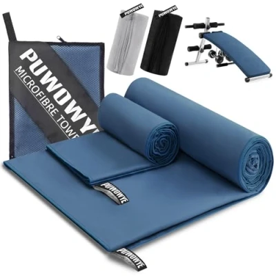 Afbeelding van PUWOWYE Set van 2 microvezel handdoeken, 160 x 80 cm grote badhanddoek + 40 kleine handdoek, sneldrogende handdoekenset voor sport, fitness, sauna, strand, reizen en outdoor, blauw