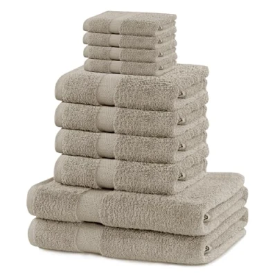 Afbeelding van DecoKing 10 delige set katoen kwaliteit 525 g/m² 4 gastendoekjes 30 x 50 cm, handdoeken 100 cm en 2 badhanddoeken 70 140 beige absorberend Marina