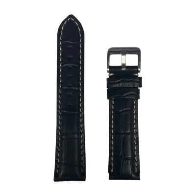 Afbeelding van Horlogeband 22mm Zwart ( Wit stiksel ) Echt leer in croco print Roestvrijstalen gesp