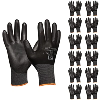Afbeelding van Gebol Micro Flex Touch 12 delige set werkhandschoenen met aanraakfunctie lichte beschermende handschoenen fijngevoel dames en heren maat XL (maat 10) zwart paar multipack