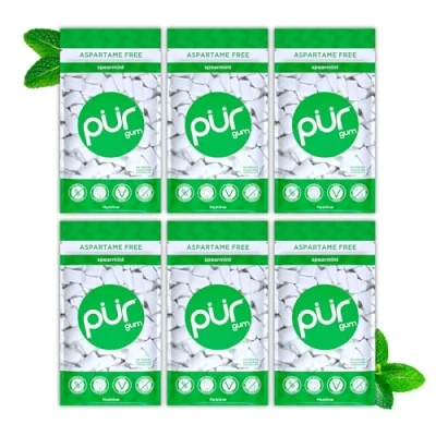 Afbeelding van PUR Gum Suikervrije Kauwgom 100% Xylitol Veganistisch, Aspartaamvrij &amp; Glutenvrij Natuurlijke Spearmint Smaak Kauwgom, 55 Stuks (Pak van 6)