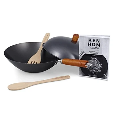 Afbeelding van Ken Hom KH331051 Koolstofstaal Niet Plakken Wokset 5 Stuks, 31cm, Classic, Inductie/Houten Handvat/Pan Met Platte Bodem, Vaatwasmachinebestendig, 2 Jaar Garantie