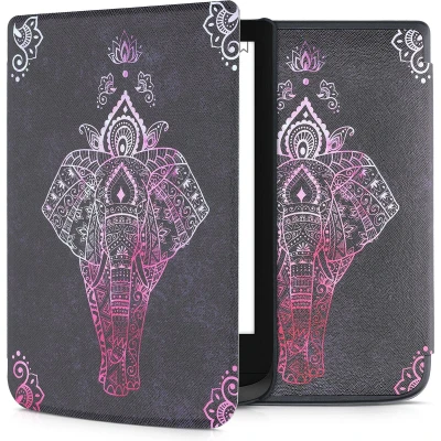 Afbeelding van kwmobile E reader hoesje geschikt voor Pocketbook Touch Lux 4/5/Touch HD 3/Color (2020)/ Vivlio 5 hoes flip case met magnetische sluiting Ereader cover Olifantentekening design in roze / antraciet