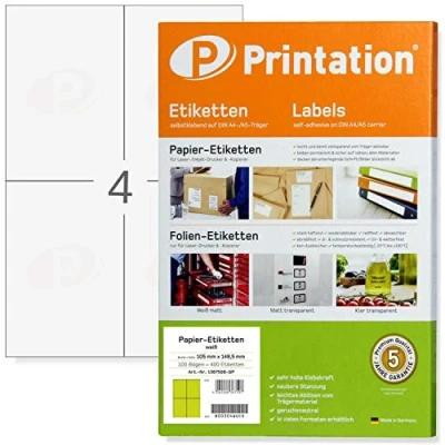 Afbeelding van Printation Universele etiketten 105 x 148 mm, DIN A6, wit, 100 A4 vellen/4 zelfklevend bedrukbaar per pagina 2 verzendstickers, verzendlabels 3483 6120 4476