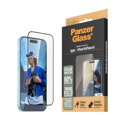 Afbeelding van PanzerGlass® eyecare schermbeschermer voor Apple iPhone 16 anti reflectie, blauw licht, gehard glas, hoge krasbestendigheid, schokbestendigheid met montagehulp eenvoudige installatie