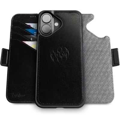 Afbeelding van Dreem Fibonacci compatibel met iPhone 16 portemonnee case / 2 in 1 schokbestendig hoesje en afneembare veganistisch lederen folio, MagSafe, RFID bescherming [Zwart]