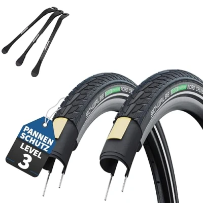 Afbeelding van 2 delige set Schwalbe Road Cruiser fietsbanden zwart met reflectie 28x1.40 inch (37 622) Optioneel binnenband &amp; 3x MSZweirad bandenlichters