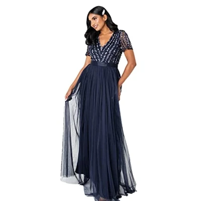 Afbeelding van Maya Deluxe Dames Maxi V hals Plus Size Ball Gown Korte Mouwen Lange Elegante Empire Waist Bridesmaid Jurk, Donkerblauw, 56 NL