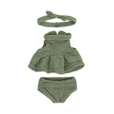Afbeelding van ML Poppen: KLEDIJ SET GEBREID groen voor meisje 21cm, eco en gerecycleerd, 3 delig, kleedje, broekje haarlint, op kleerhanger, 3+