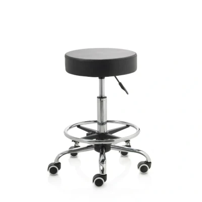 Afbeelding van Tabouret met voetring op harde wieltjes chroom frame middelhoge gasveer zwart ZenGrowth