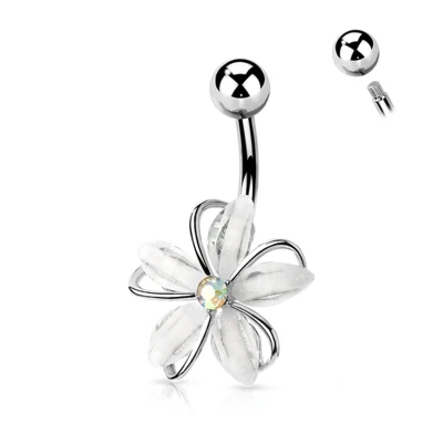Afbeelding van Navelpiercing CZ steen wire witte bloem