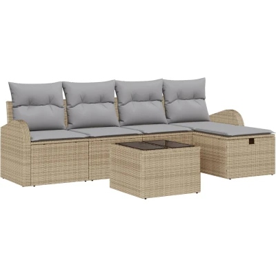 Afbeelding van vidaXL 6 delige tuinsofa set met kussens Beige Poly Rattan, 2 zits opbergruimte &amp; Rattan
