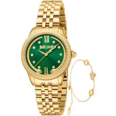 Afbeelding van JUST CAVALLI Vrouwen Horloge, Gouden Kleur Geval, Donkergroene Wijzerplaat, Metalen Armband, 3 Handen, ATM, Kleur, armband