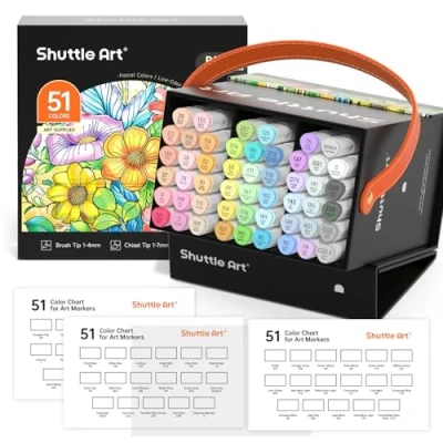 Afbeelding van Shuttle Art Pastel Alcohol Markers Borstelpunt, Dual Tip Brush &amp; Beitel Marker Set, 50 Kleuren plus 1 Blender Pennen met Case Perfect voor Illustratie Studenten Volwassenen Kleuring