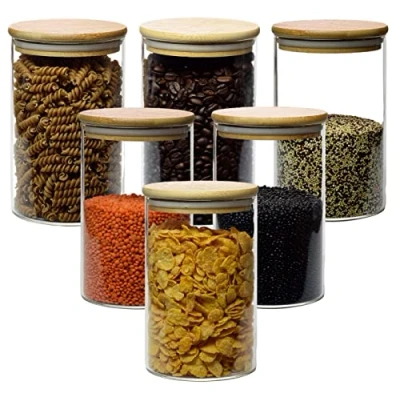 Afbeelding van gouveo set van 6 glazen containers 1000 ml rond borosilicaatglas met deksel voorraadpotten 1,0 l sluiting potten, voorraadpot, pastapot