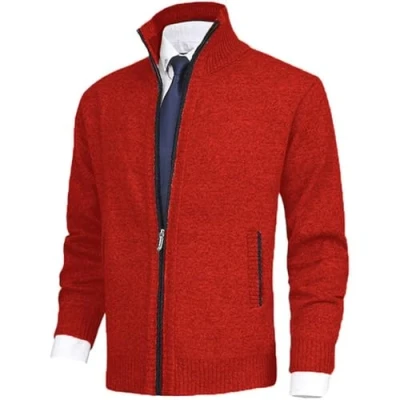 Afbeelding van Jinsha Gebreid herenvest, dik vest met doorlopende ritssluiting, opstaande kraag, fleece gevoerd, warme winterjas, oranje rood., XL