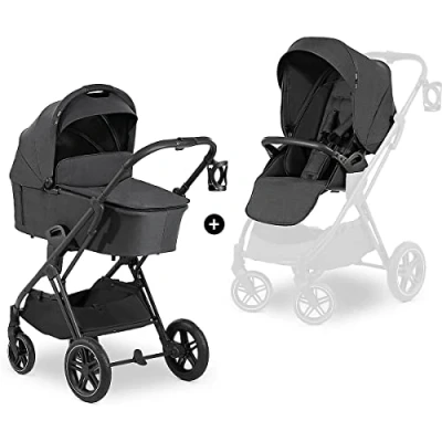 Afbeelding van Hauck 3in1 kinderwagenset Vision X Set met babybak, draaibaar sportstoeltje en beendeken, rubber wielen, belastbaar tot 25 kg, compact inklapbaar, zwart gemêleerd