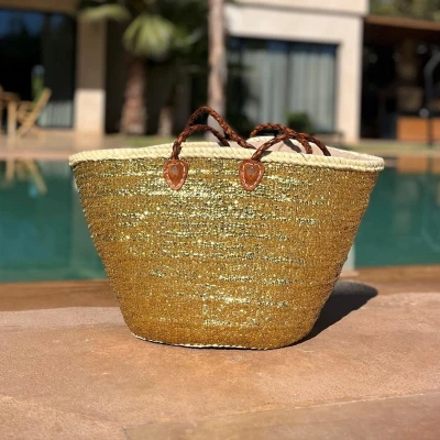 Afbeelding van Bohemida Rieten Tas Boho Ibiza Shopper tas/Strandtas Goud pailletten Boodschappentas Mandtas Boodschappenmand Afsluitbaar
