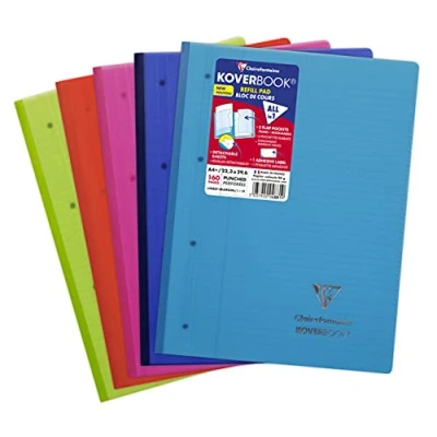 Afbeelding van Clairefontaine 4881C Koverbook met boekje, A4 + 22,3 x 29,6 cm, 160 pagina&#039;s afneembaar geperforeerd, 4 gaten gelinieerd rand, wit papier 90 g, envelop van polypropyleen, kleur willekeurig