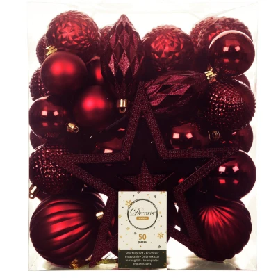 Afbeelding van Decoris Kerstballen met piek 49st kunststof donkerrood 5 6 8 10cm