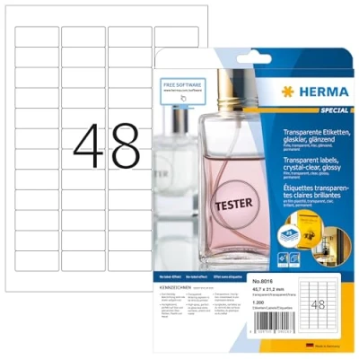 Afbeelding van HERMA 8016 weerbest folielabels A4 transparant (45,7 x 21,2 mm, 25 velles, polyesterfolie, glanzend) zelfklevend, bedrukbaar, permanente klevende etiketten, 1200 etiketten voor printer