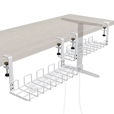 Afbeelding van Kabelkanaal bureaublad klembaar voor orde op de werkplek gereedschapsvrije 4 weg montage opbergen van kabels en stekkerdozen (2x M, wit, grid ontwerp, kabelorganizer/kabelmanagement) KD Essentials