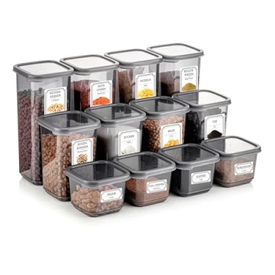 Afbeelding van Luchtdichte opbergdoos, kunststof deksel, keukenopbergcontainer, voorraadcontainerset met keukenorganizer, BPA vrij (12 delige plastic hoes, mix)