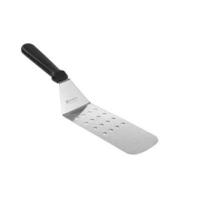 Afbeelding van HENDI Gebogen spatel, geperforeerd, flexibel, voor het omkeren van vlees, extra dun blad, hamburger turner, teppanyaki grillspatel, 75x375mm, lemmet 1mm dik, roestvast staal, polypropyleen