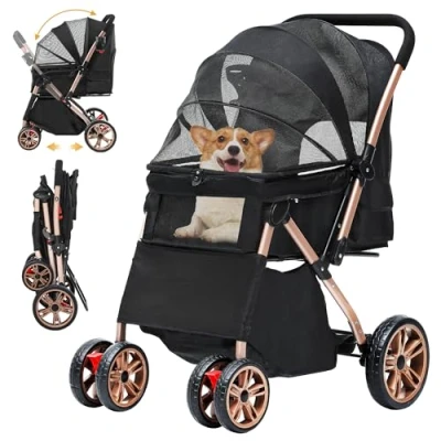Afbeelding van DWVO Hondenbuggy 3 in 1 hondenbox, transporttas, opvouwbare kattenwagen, tot 22 kg, 360 slijtvaste EVA wielen, opbergmand, netramen, 58,5 x 76 105 cm, hondenwagen voor kleine honden (zwart)