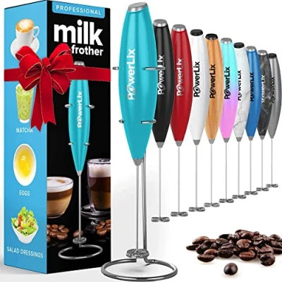 Afbeelding van PowerLix melkopschuimer, handgarde Elektrische schuimer met roestvrijstalen standaard, 15 20s, krachtige 19000 tpm, mini drankmixer, koffie opschuimer voor latte, cappuccino, warme chocolademelk, lichtblauw (Sky Blue)