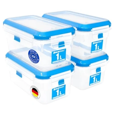 Afbeelding van ATHLON TOOLS set van 4 x 1 liter vershouddozen, 100% luchtdicht en lekvrij, 40 tot +100 graden, voor alle levensmiddelen, BPA vrij, voorraaddozen koelkast (1 l, 4)