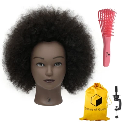Afbeelding van Desire of Goods Afro oefenhoofd kappershoofd Donkerbruin haar met anti klit haarborstel Echt tafelklem 30 cm