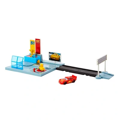 Afbeelding van ​Disney en Pixar Cars Op Weg Racecircuit Dinoco Rusteze, speelset met Bliksem McQueen speelgoedauto, lanceerder, korte baan Spinning Pitty, cadeau voor kinderen, HGV69