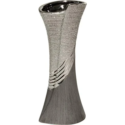 Afbeelding van GILDE Moderne vaas keramiek tafelvaas siervaas grijs zilver met relificatie, 13x38 cm